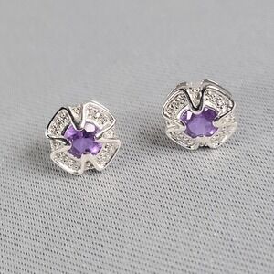 RJ Sterling Silver Purple Glass Floral Stud Earrings Pave Accents‎ 925 THAI